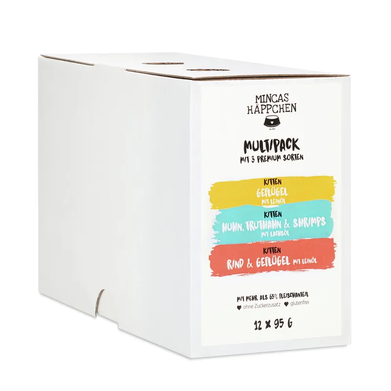 Ausverkauf Sparpaket 2 x 12 x 95 g Mincas Häppchen Kitten Multipack Nr. 4 Katzen Nassfutter